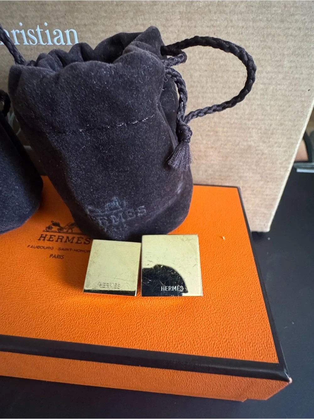 Hermès Paris Square Gold Tone Studs for Twilly Scarf or Ties